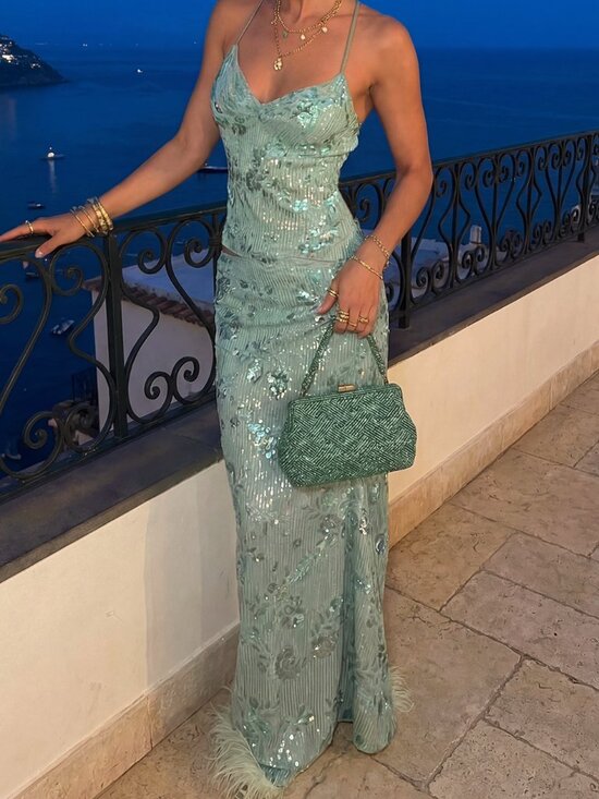 Dresses & Skirts - Green Sexy Women's Elegant Romantic Backless Camisole Top And Sequin Skirt Set